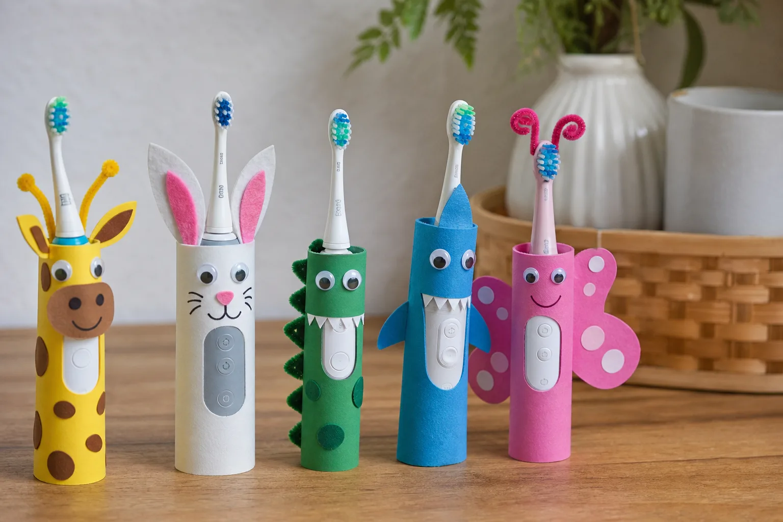 Zahnbuerste Basteln mit Kindern: Bunte Figuren und Tiere aus Buersten